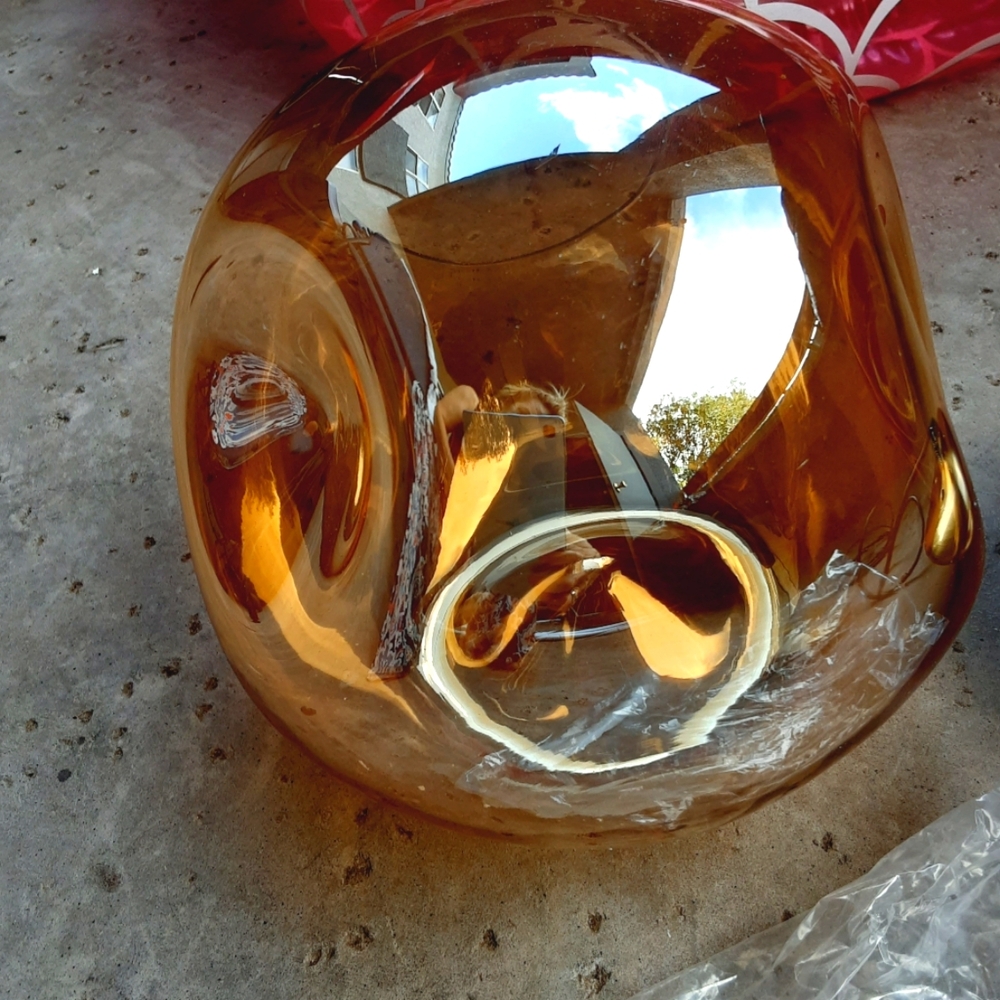 BEAUTIFUL MCM STYLE SWAG LAMP, AMBER GLASS BALL, INDENTED SIDES BRAND NEW IN BOX